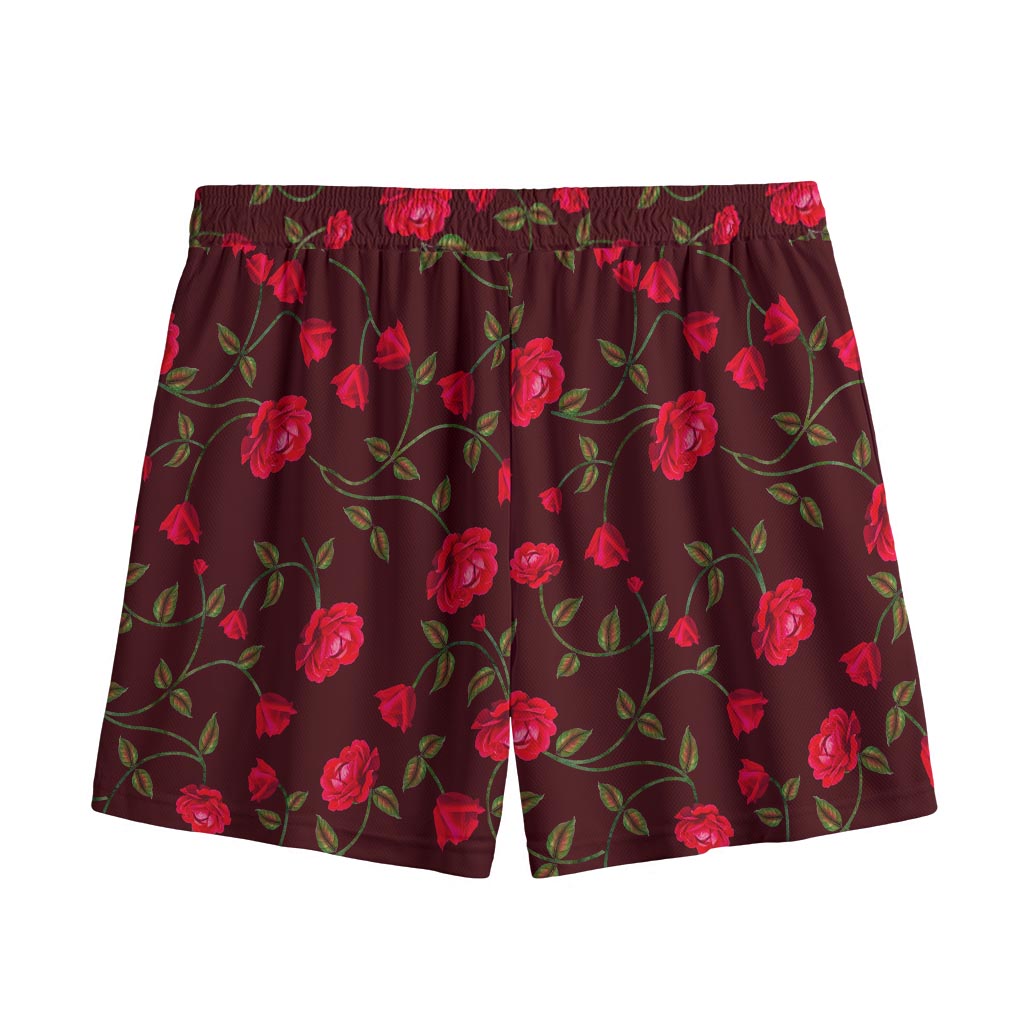 Red Rose Floral Flower Pattern Print Mesh Shorts