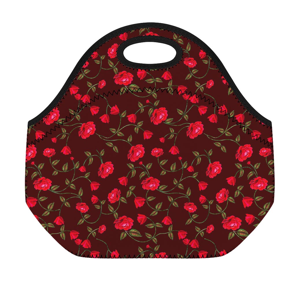Red Rose Floral Flower Pattern Print Neoprene Lunch Bag