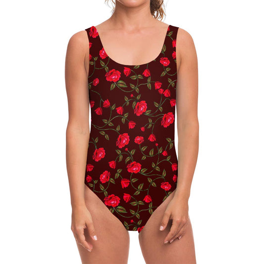 Red Rose Floral Flower Pattern Print One Piece Swimsuit
