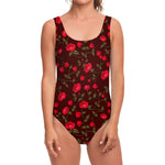 Red Rose Floral Flower Pattern Print One Piece Swimsuit