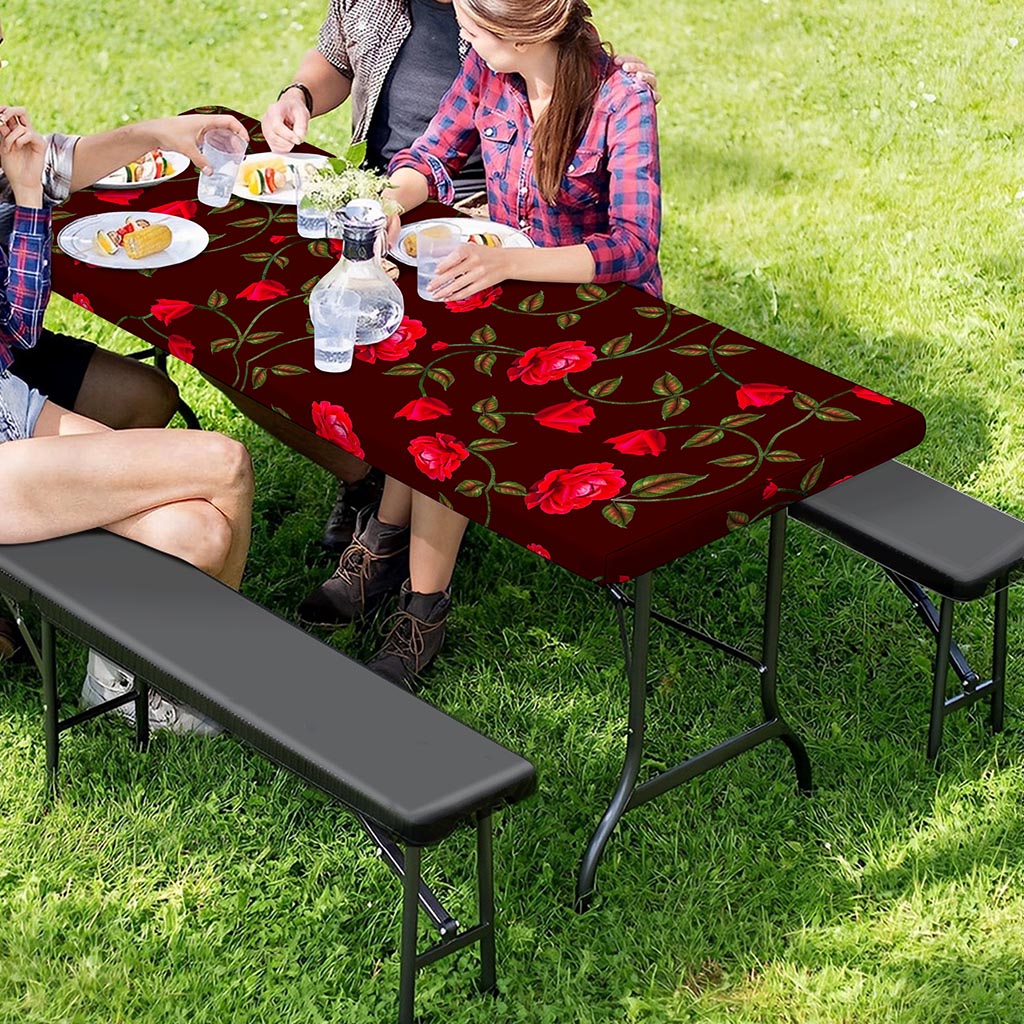 Red Rose Floral Flower Pattern Print Picnic Table Cover