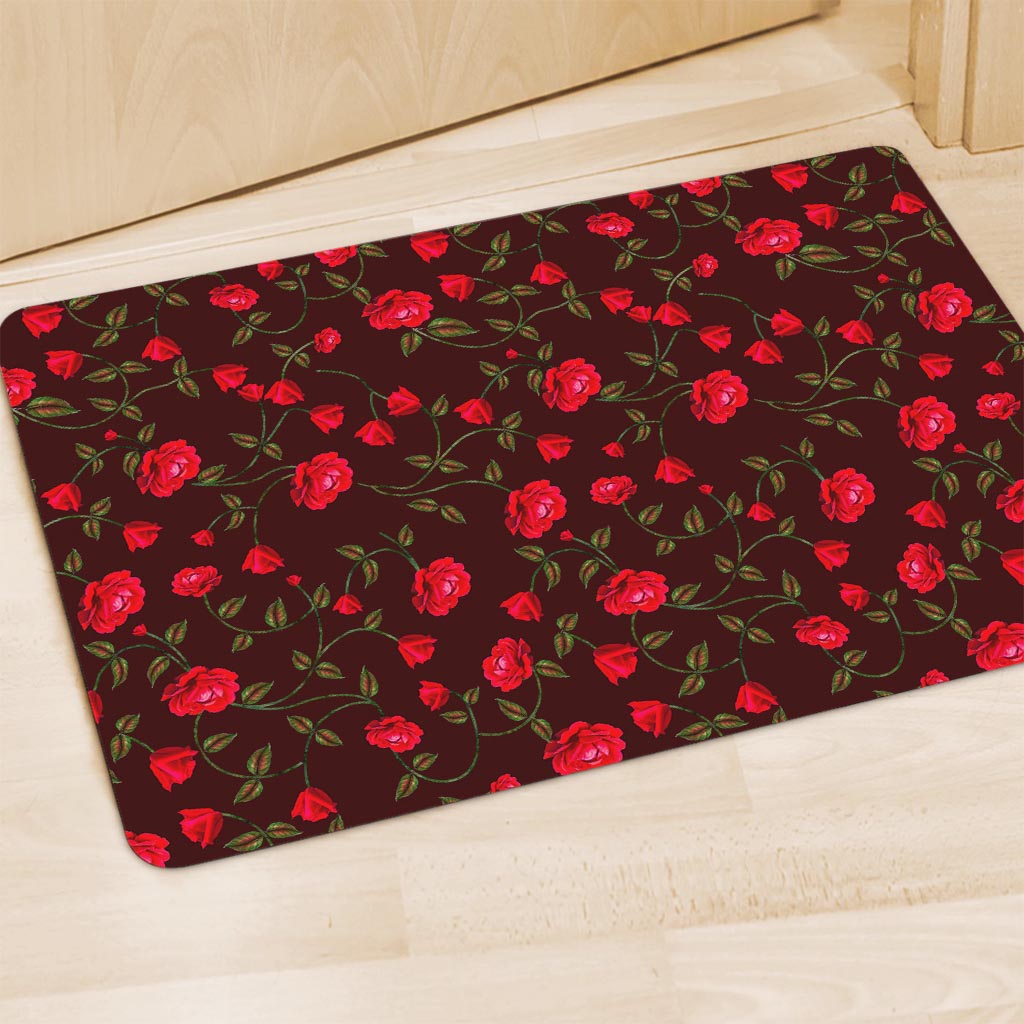Red Rose Floral Flower Pattern Print Polyester Doormat