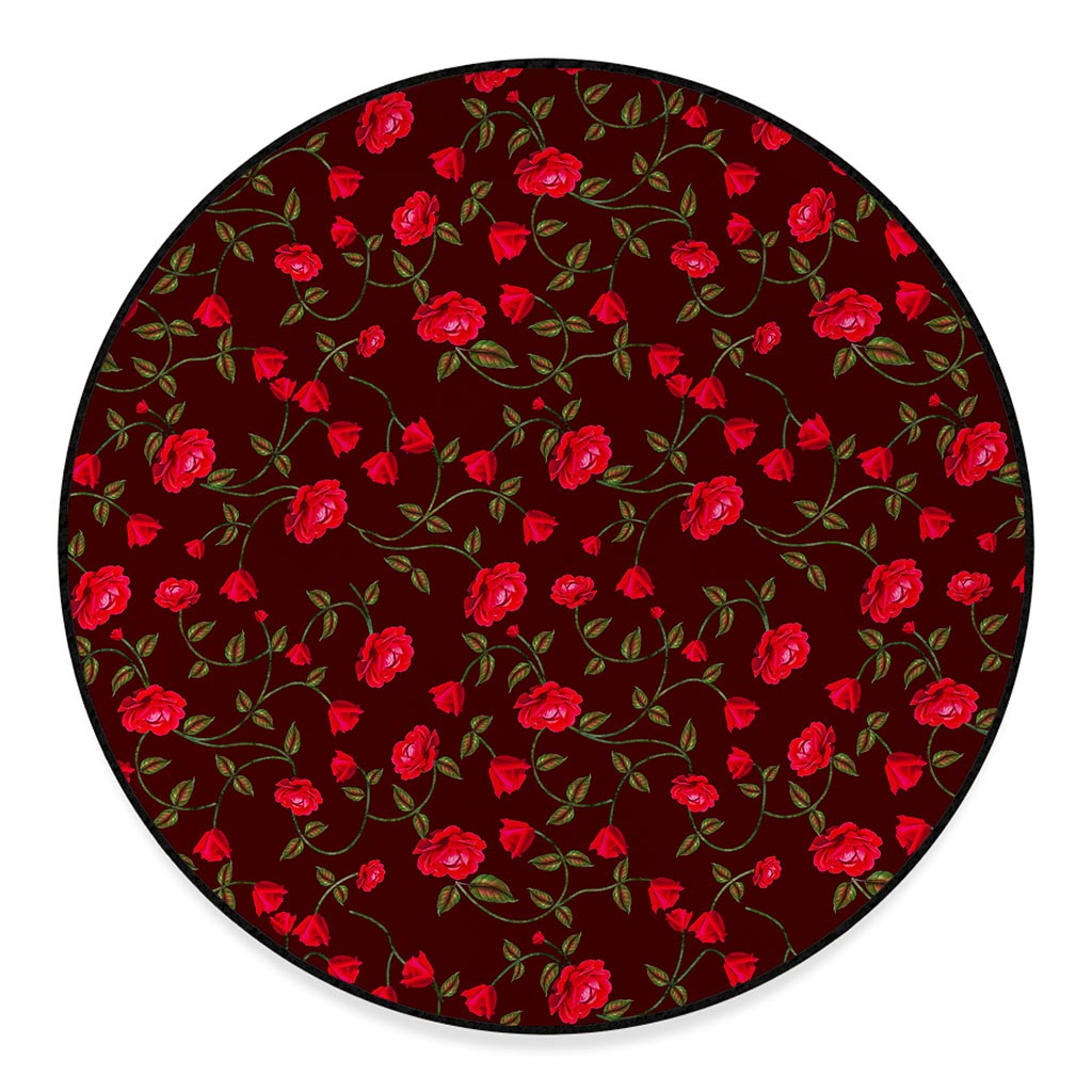 Red Rose Floral Flower Pattern Print Round Floor Mat