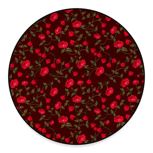 Red Rose Floral Flower Pattern Print Round Floor Mat