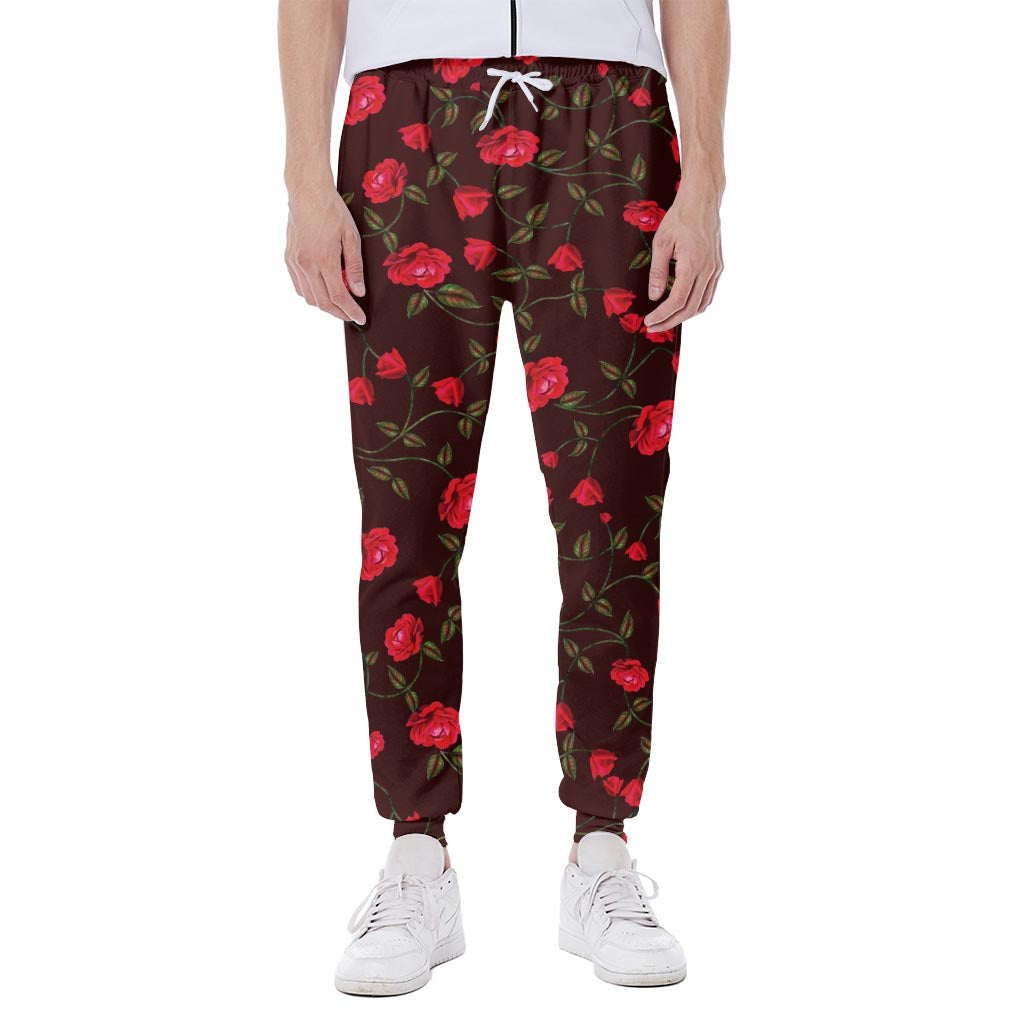 Red Rose Floral Flower Pattern Print Scuba Joggers