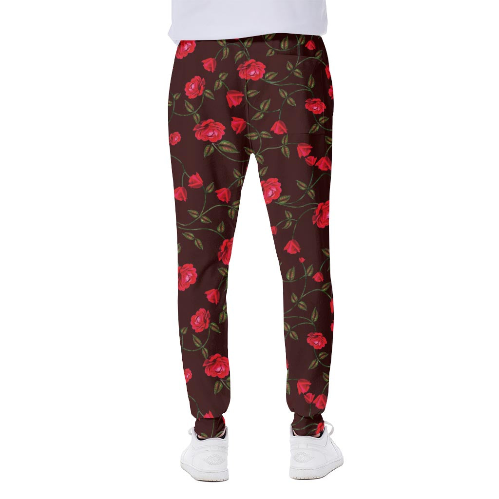 Red Rose Floral Flower Pattern Print Scuba Joggers