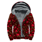Red Rose Floral Flower Pattern Print Sherpa Lined Zip Up Hoodie