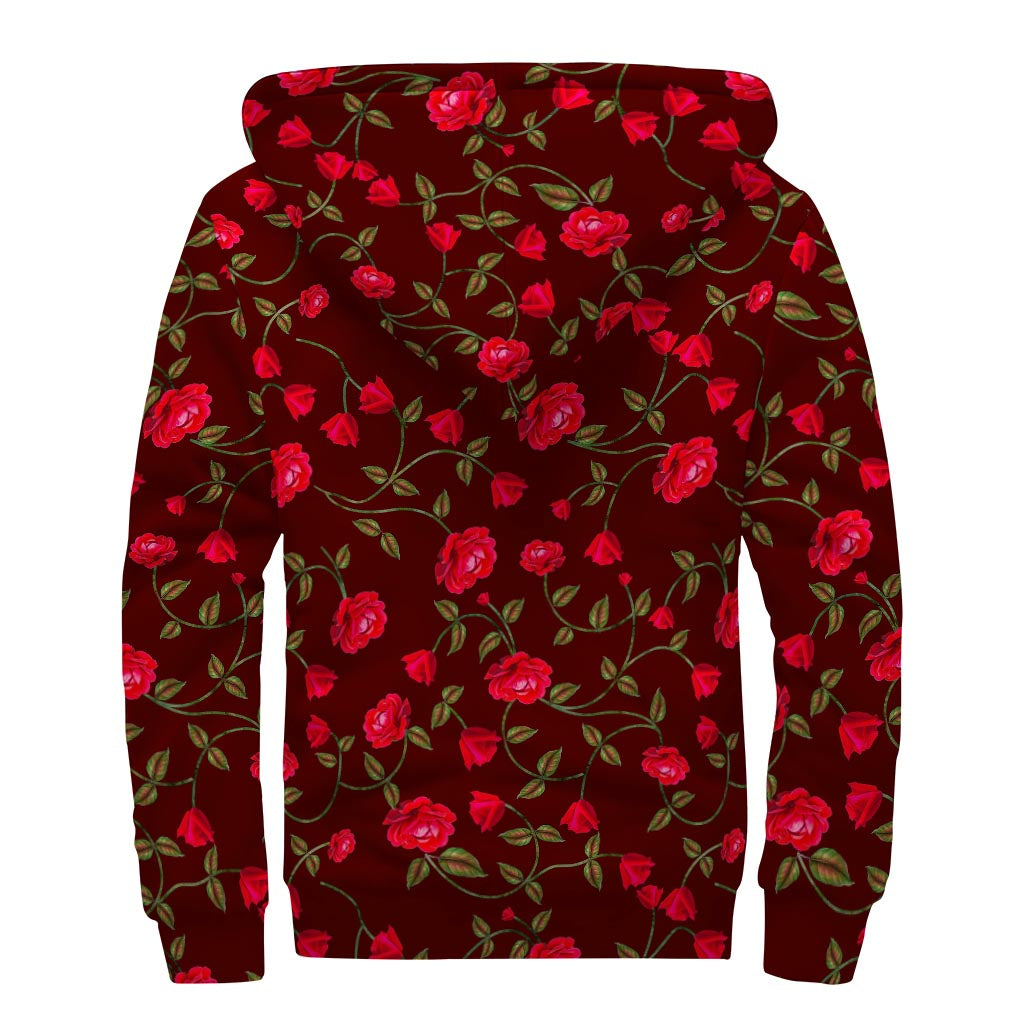 Red Rose Floral Flower Pattern Print Sherpa Lined Zip Up Hoodie