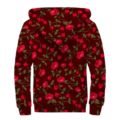 Red Rose Floral Flower Pattern Print Sherpa Lined Zip Up Hoodie