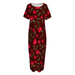 Red Rose Floral Flower Pattern Print Short Sleeve Long Nightdress