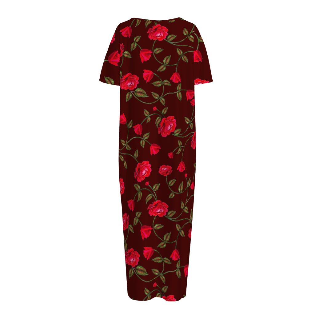 Red Rose Floral Flower Pattern Print Short Sleeve Long Nightdress