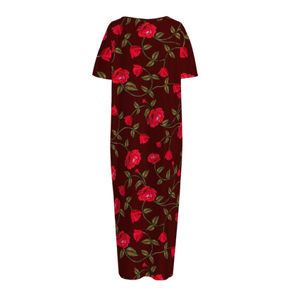 Red Rose Floral Flower Pattern Print Short Sleeve Long Nightdress