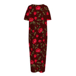 Red Rose Floral Flower Pattern Print Short Sleeve Long Nightdress
