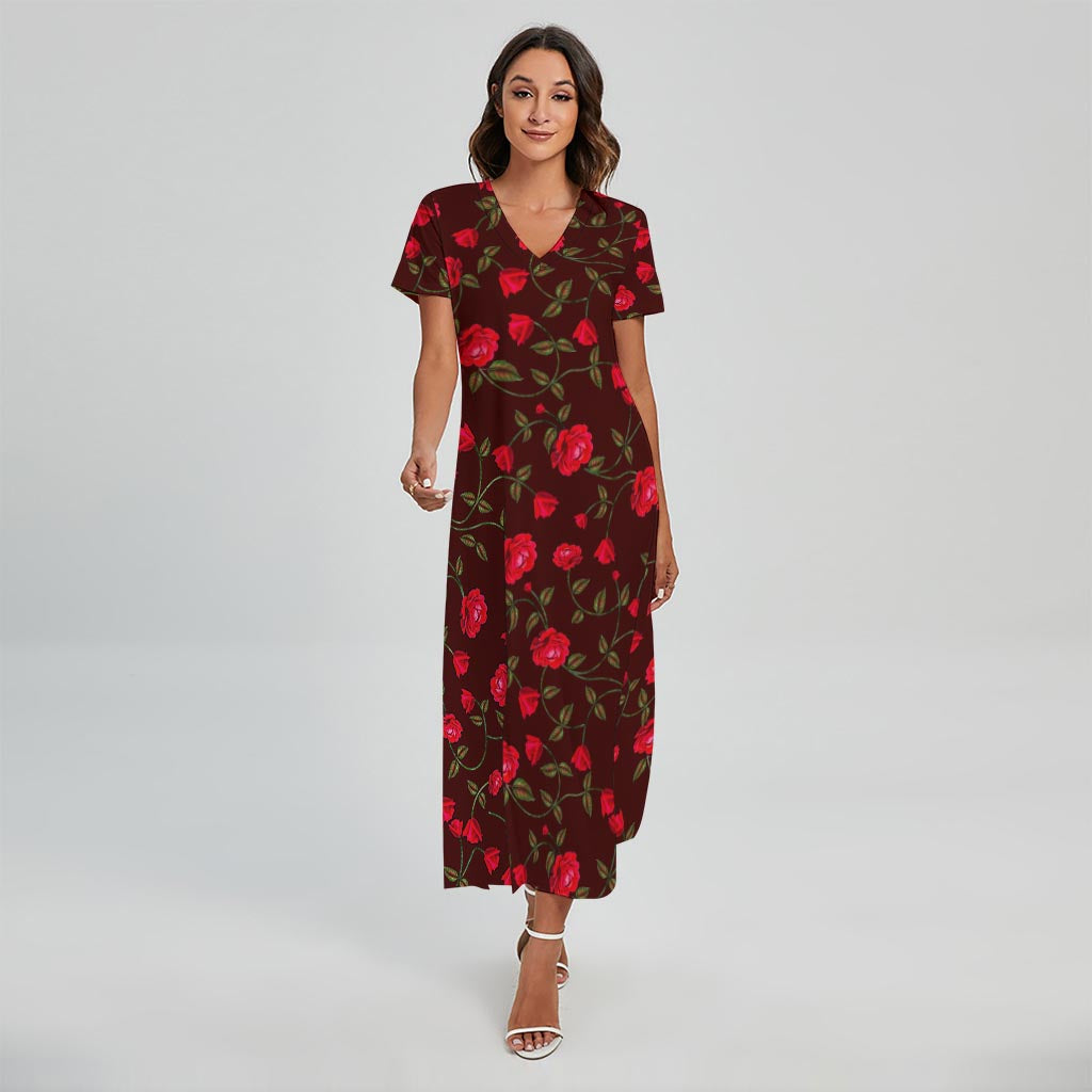 Red Rose Floral Flower Pattern Print Short Sleeve Maxi Dress