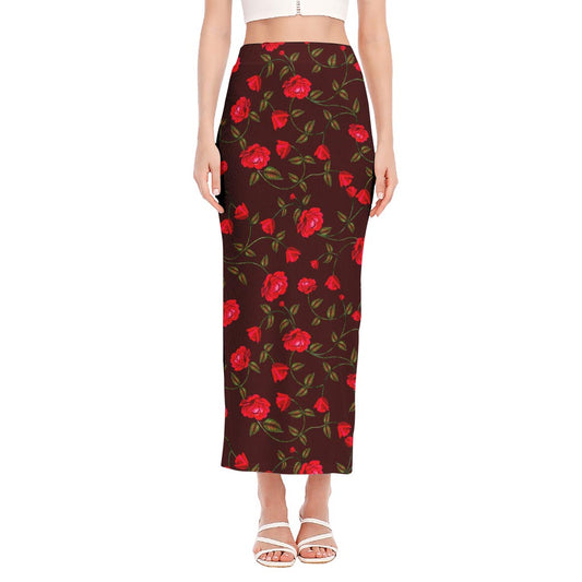 Red Rose Floral Flower Pattern Print Side Slit Maxi Skirt