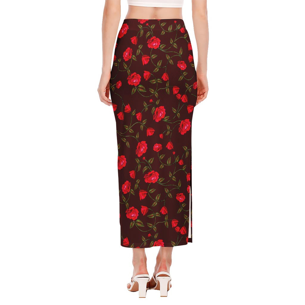Red Rose Floral Flower Pattern Print Side Slit Maxi Skirt