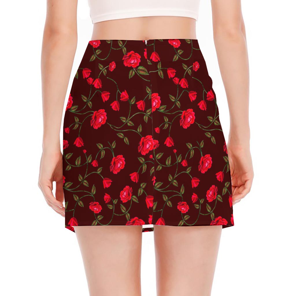 Red Rose Floral Flower Pattern Print Side Slit Mini Skirt
