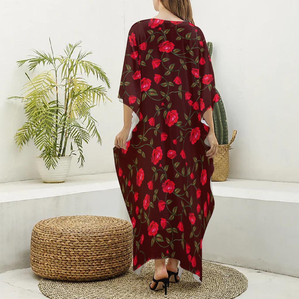 Red Rose Floral Flower Pattern Print Silk V-Neck Kaftan Dress
