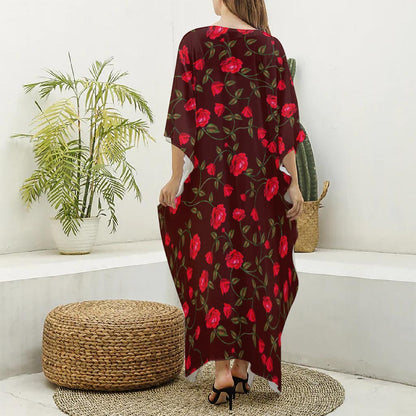 Red Rose Floral Flower Pattern Print Silk V-Neck Kaftan Dress
