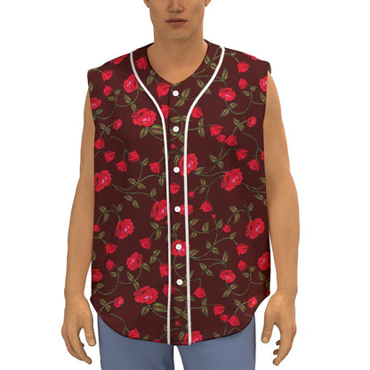 Red Rose Floral Flower Pattern Print Sleeveless Baseball Jersey