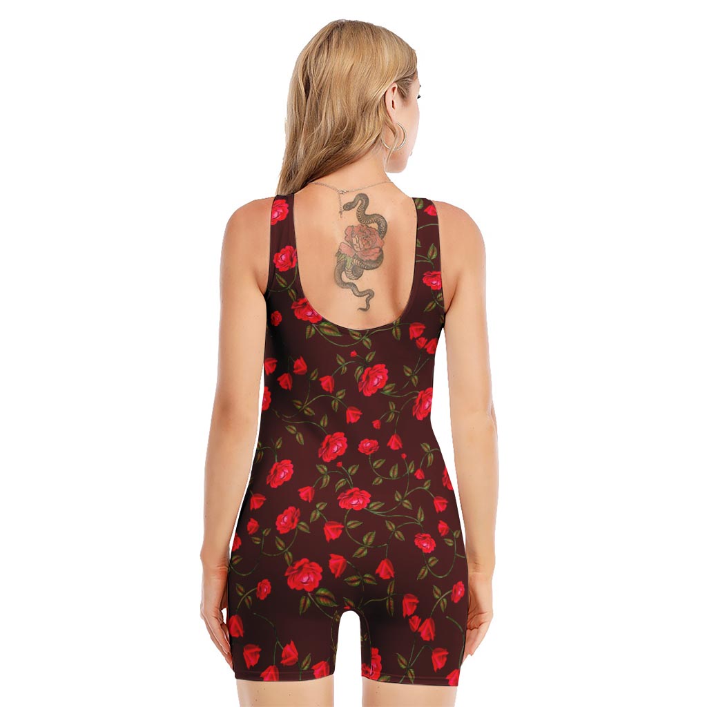 Red Rose Floral Flower Pattern Print Sleeveless One Piece Swimsuit