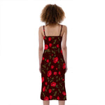 Red Rose Floral Flower Pattern Print Slim Fit Midi Cami Dress
