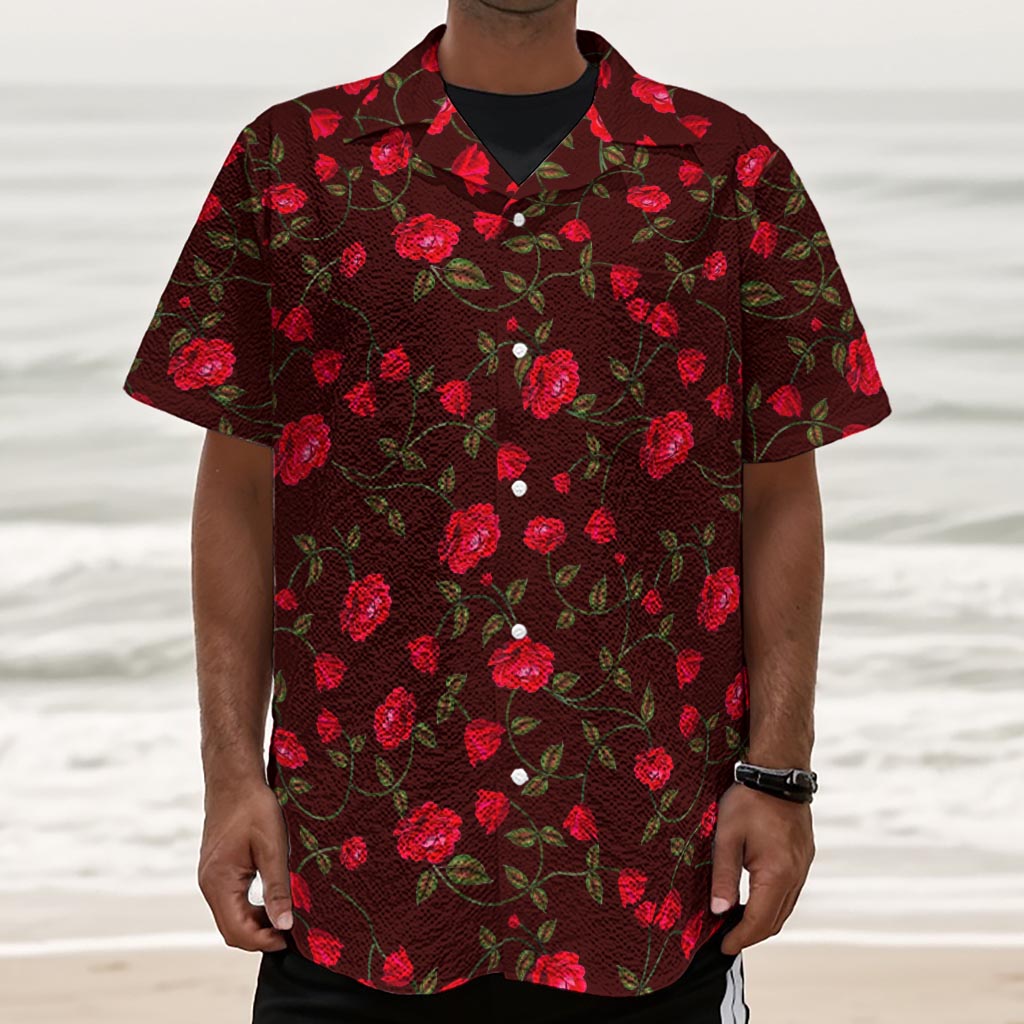 Red Rose Floral Flower Pattern Print Textured Short Sleeve Shirt