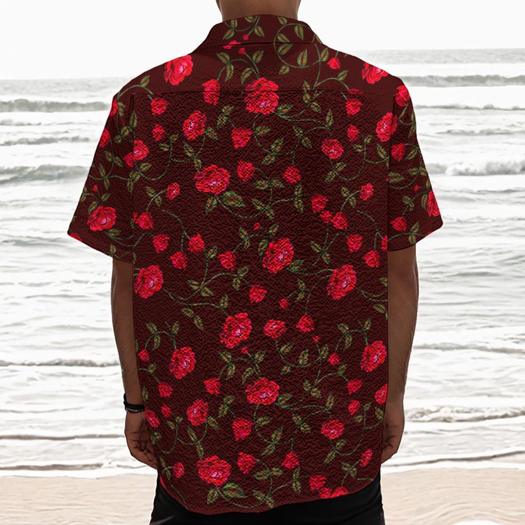 Red Rose Floral Flower Pattern Print Textured Short Sleeve Shirt
