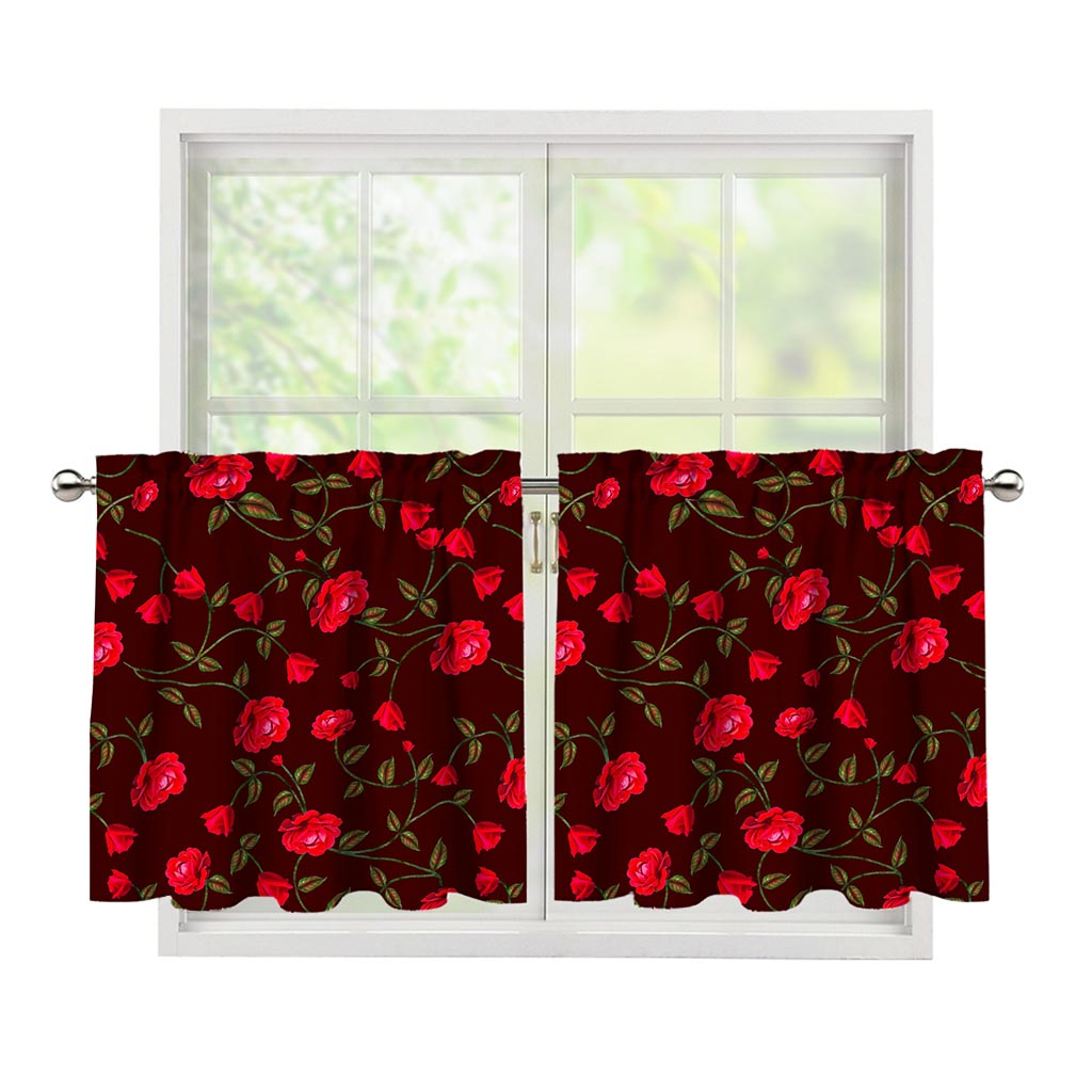 Red Rose Floral Flower Pattern Print Tier Curtains