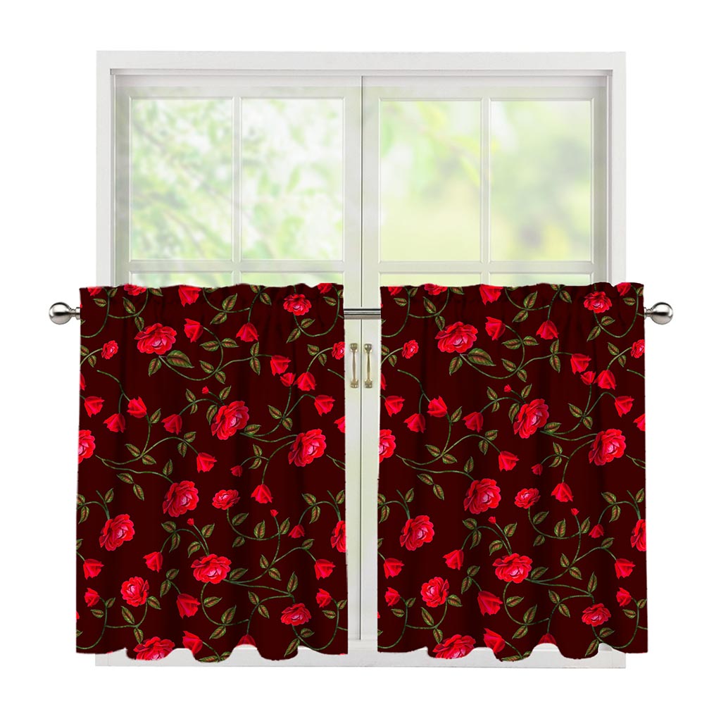 Red Rose Floral Flower Pattern Print Tier Curtains