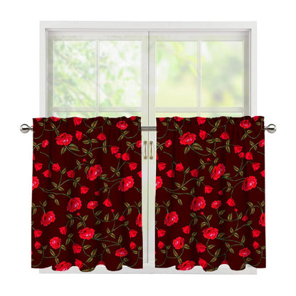 Red Rose Floral Flower Pattern Print Tier Curtains