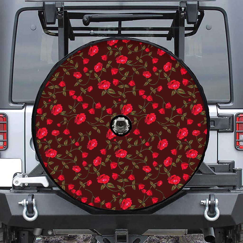 Red Rose Floral Flower Pattern Print Tire Cover With Camera Hole