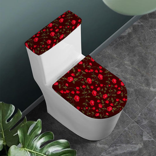 Red Rose Floral Flower Pattern Print Toilet Lid And Tank Cover Set