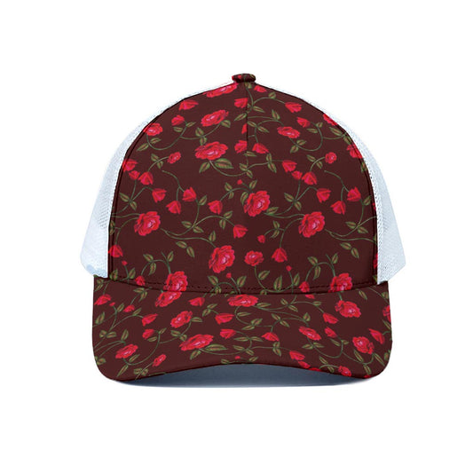 Red Rose Floral Flower Pattern Print White Mesh Trucker Cap