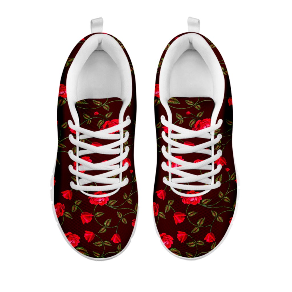 Red Rose Floral Flower Pattern Print White Running Shoes