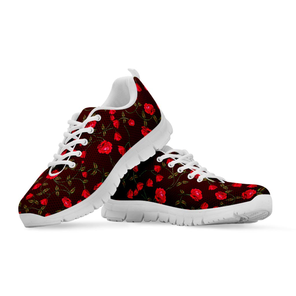 Red Rose Floral Flower Pattern Print White Running Shoes