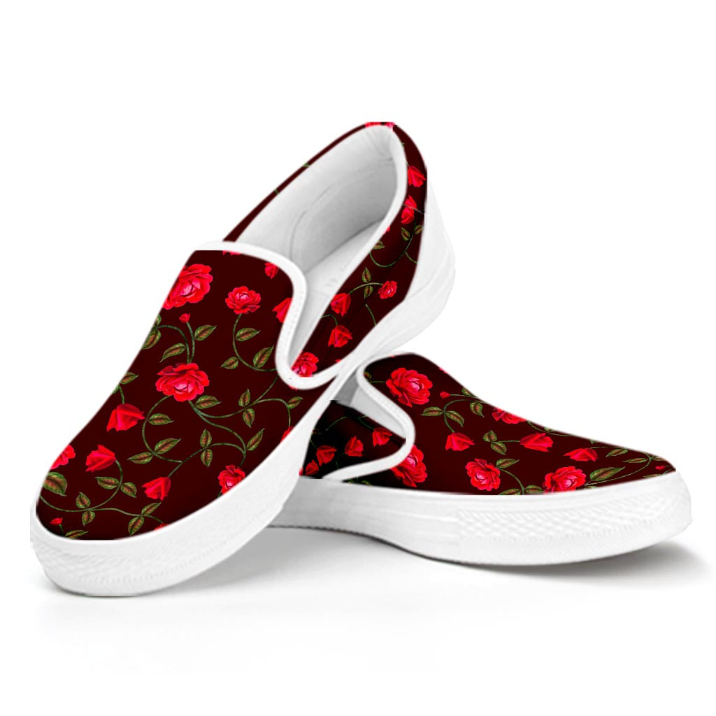 Red Rose Floral Flower Pattern Print White Slip On Sneakers