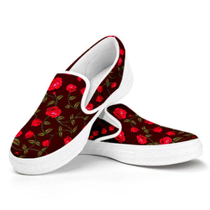 Red Rose Floral Flower Pattern Print White Slip On Sneakers