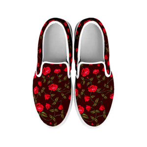 Red Rose Floral Flower Pattern Print White Slip On Sneakers