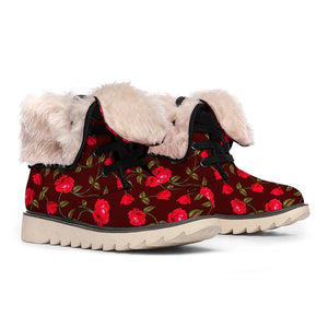 Red Rose Floral Flower Pattern Print Winter Boots