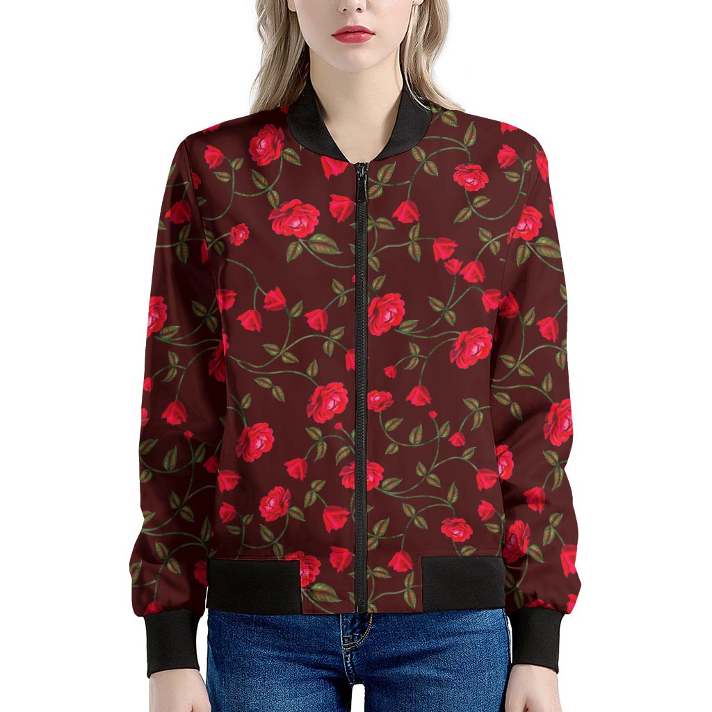 Red Rose Floral Flower Pattern Print Women's Bomber Jacket