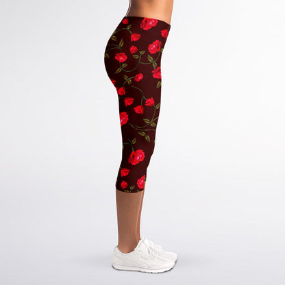 Red Rose Floral Flower Pattern Print Women's Capri Leggings