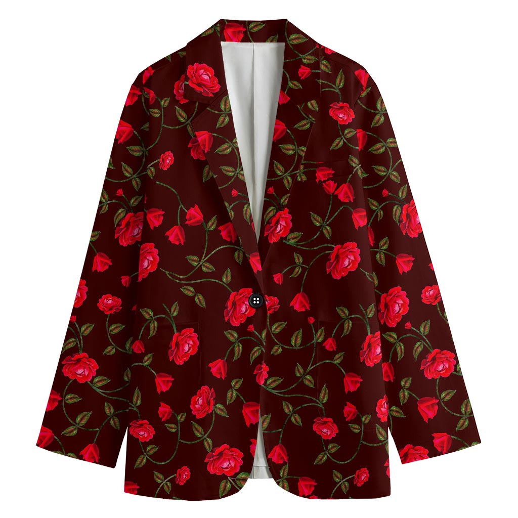 Red Rose Floral Flower Pattern Print Women's Cotton Blazer