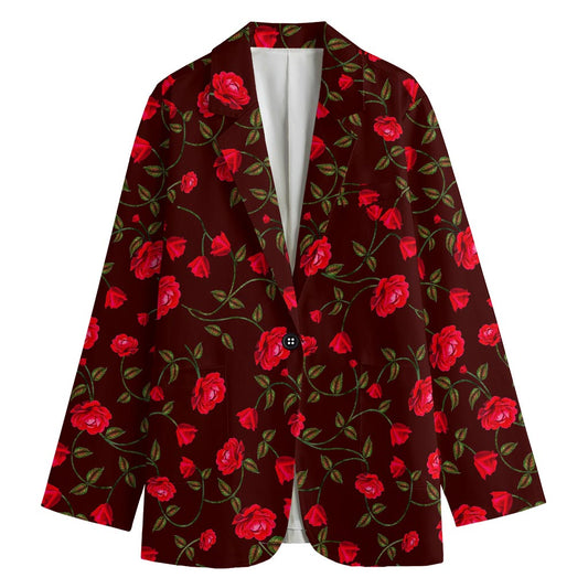 Red Rose Floral Flower Pattern Print Women's Cotton Blazer