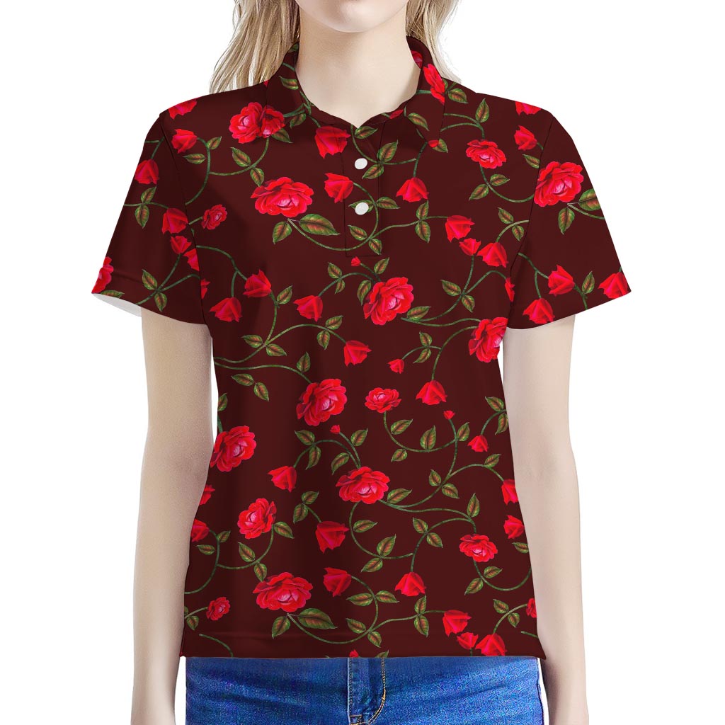 Red Rose Floral Flower Pattern Print Women's Polo Shirt