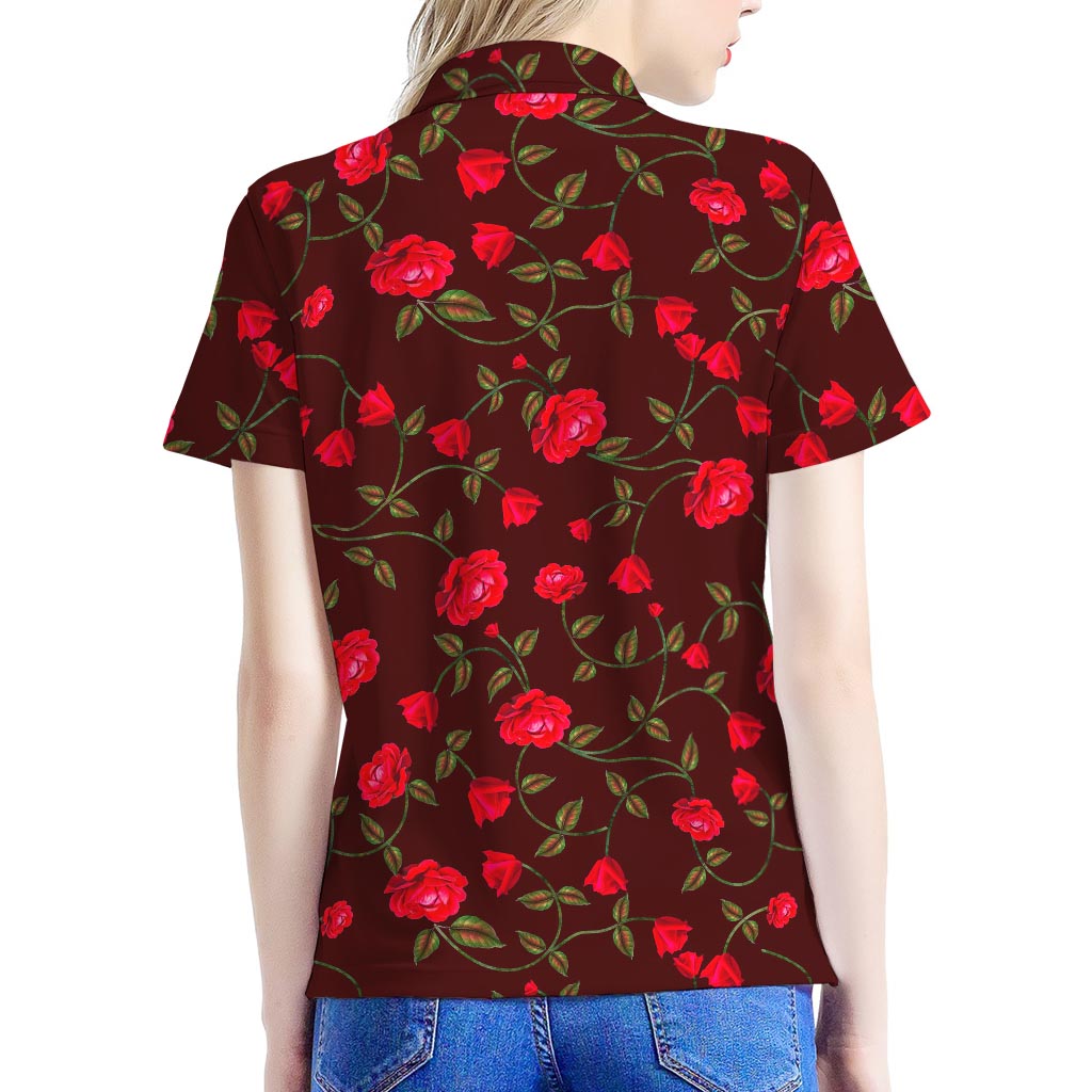 Red Rose Floral Flower Pattern Print Women's Polo Shirt