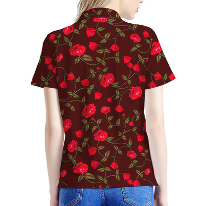 Red Rose Floral Flower Pattern Print Women's Polo Shirt