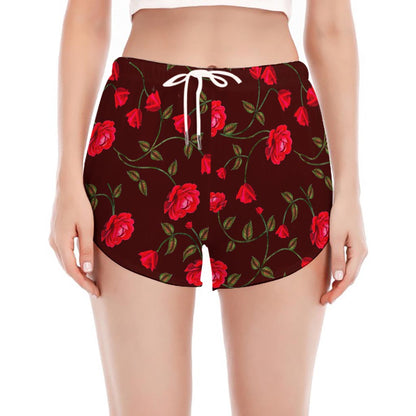 Red Rose Floral Flower Pattern Print Women's Split Running Shorts