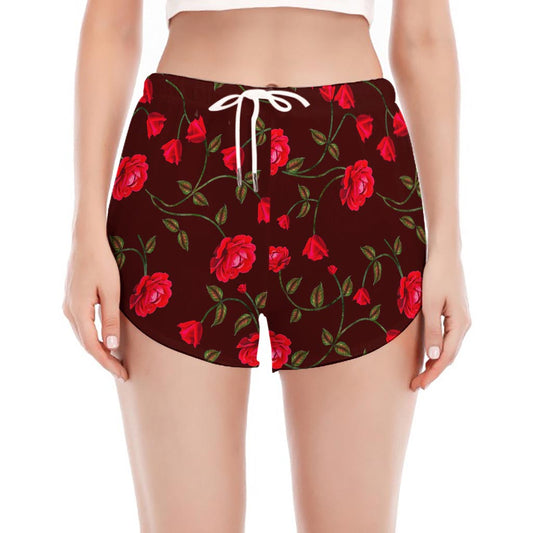 Red Rose Floral Flower Pattern Print Women's Split Running Shorts