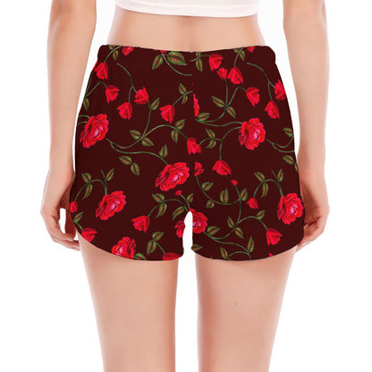Red Rose Floral Flower Pattern Print Women's Split Running Shorts